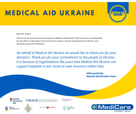 MediCare Pharmacy Group generously donates medical supplies to Medical Aid Ukraine